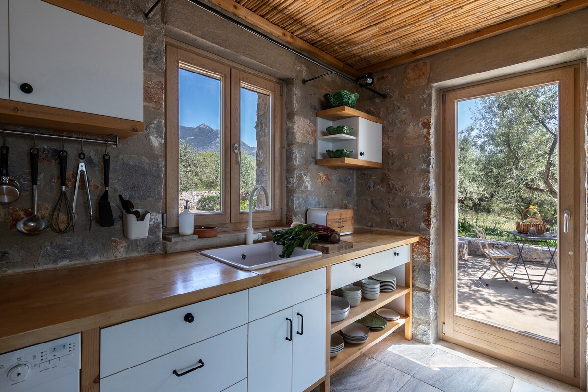 A bright and functional kitchen features wooden countertops and stone walls, providing a blend of modern and traditional design. Shelves hold dishware and decor, while a window offers views of the surrounding olive grove. The space is connected to an outdoor seating area.