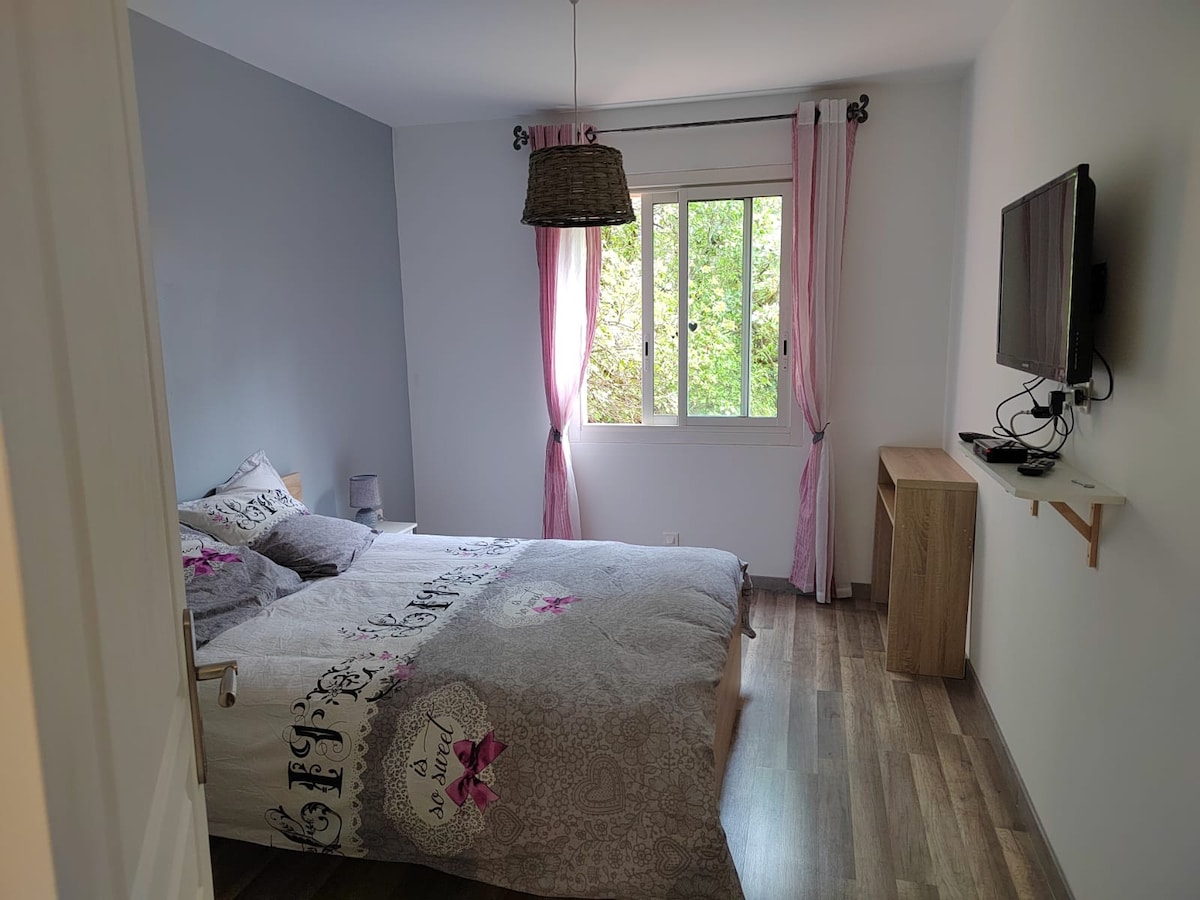 A room is presented with a spacious bed covered in patterned bedding. A television is mounted on the wall opposite the bed. Natural light filters in through a window adorned with soft pink curtains, creating a calming space complemented by wooden flooring.