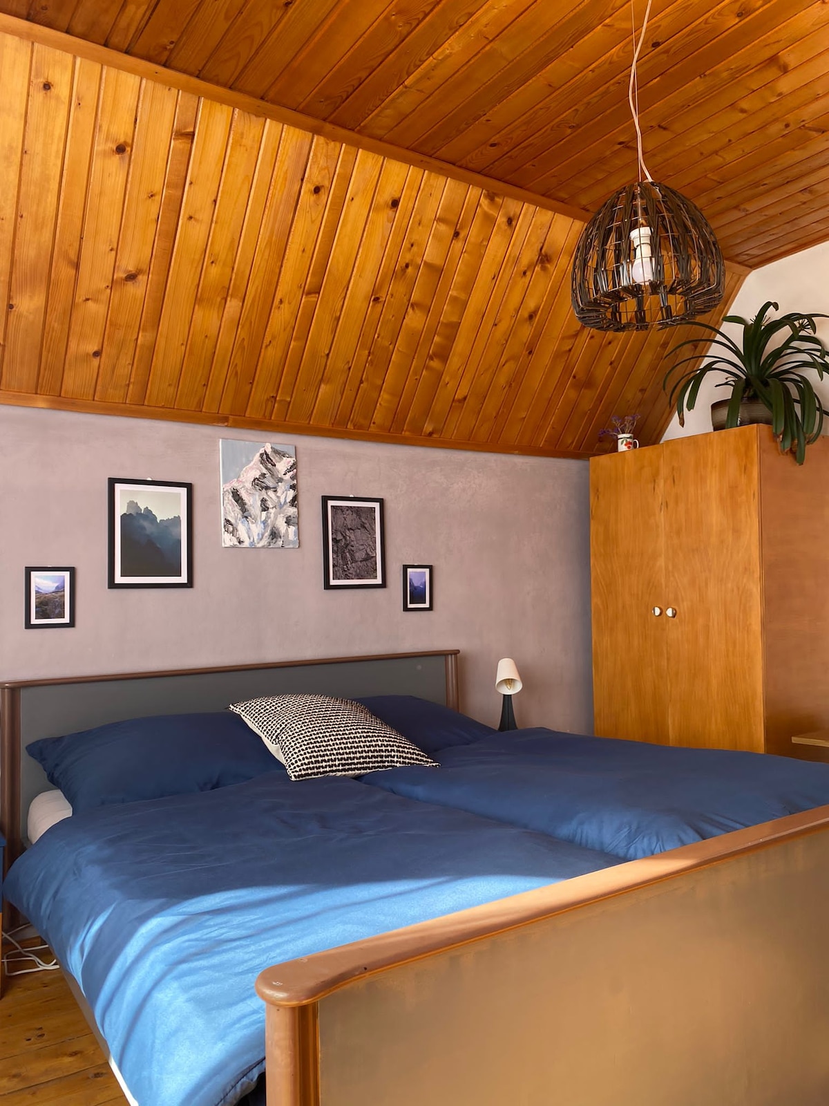 A cozy bedroom features a spacious bed with blue bedding and a patterned cushion. The wooden ceiling creates warmth, while framed mountain prints adorn the walls. A wooden cabinet stands beside the bed, and a potted plant adds a natural touch to the space.