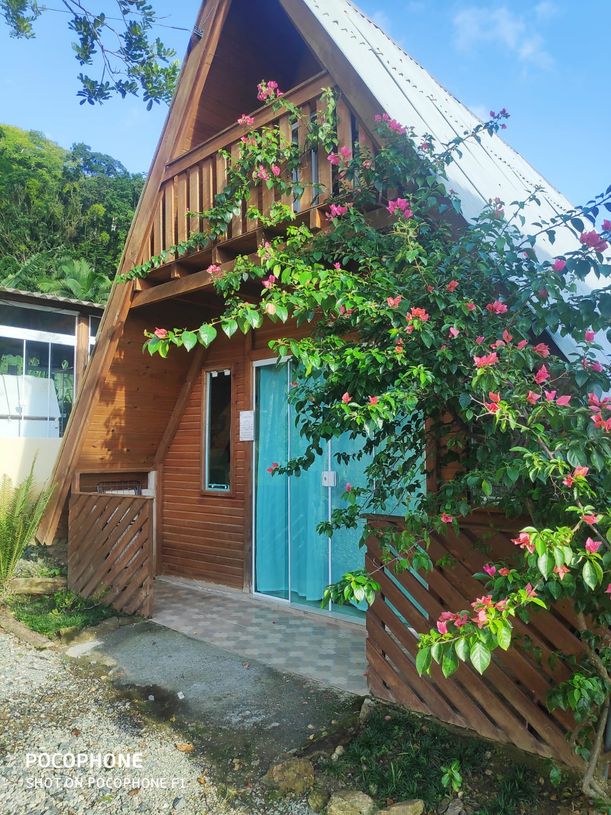 The charming exterior of a wooden A-frame chalet is surrounded by lush greenery and vibrant flowering plants. A turquoise door adds a pop of color, while stone pathways lead towards the entrance. The building features slanted roofing and a welcoming design.