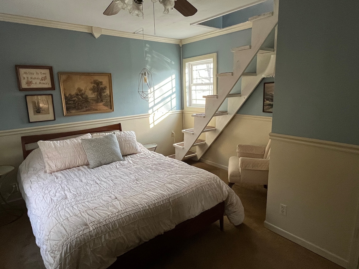 Chumba kikubwa cha kulala kilicho na kitanda cha malkia na bafu 1/2.