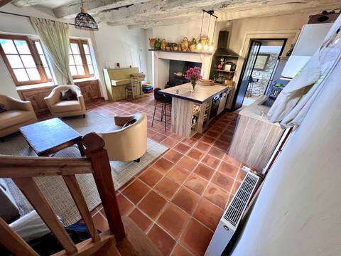 Small cozy house with stove and courtyard.