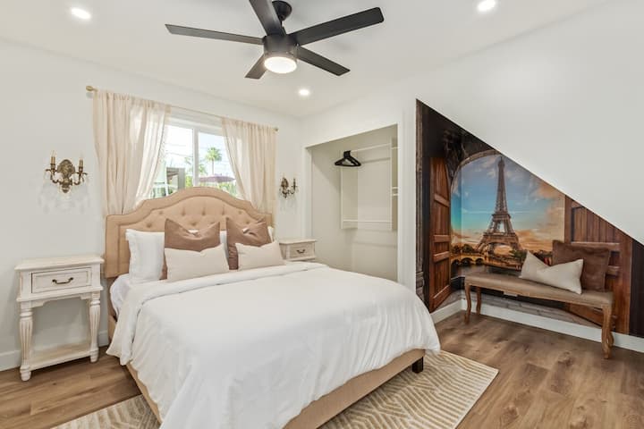 Welcome to the Paris hotel! This room features a queen sized bed to accommodate up to two guests, and is on the lower level of the home.