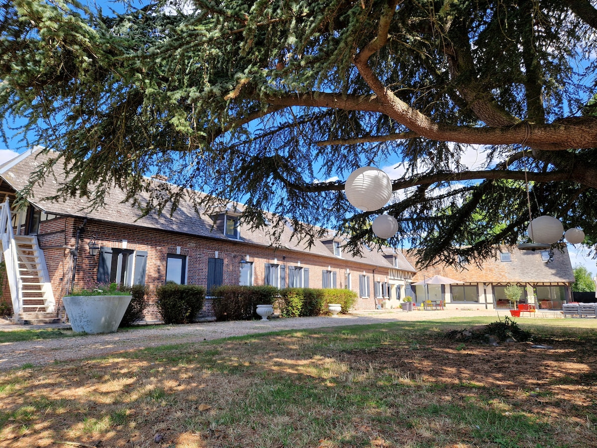 The exterior of a spacious Normandy longère is visible, featuring a traditional stone façade and numerous windows. A large tree provides shade, with decorative lanterns hanging from its branches. The well-maintained garden and patio area invite outdoor gatherings.