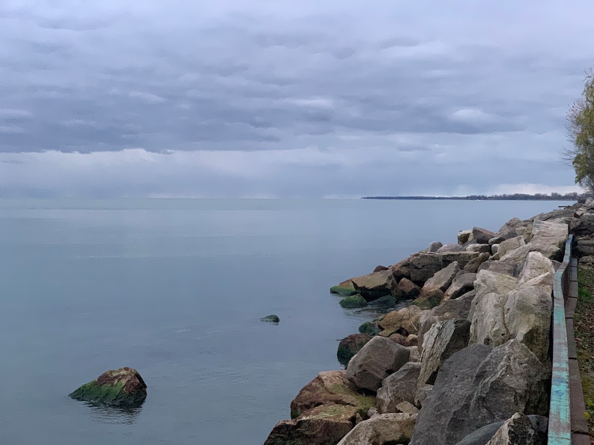 A calm lakefront scene showcases gently rippling water alongside a rugged rocky shoreline. Smooth, large boulders are visible, interspersed with patches of greenery. The sky is overcast, creating a serene atmosphere that reflects the tranquility of the surrounding nature.