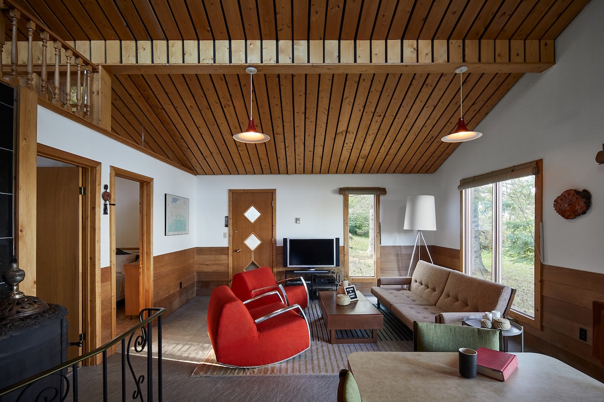 The open living area features high, wooden ceilings and large windows allowing natural light to fill the space. Bright red armchairs complement a neutral sofa, with a flat-screen TV positioned for easy viewing. A cozy wood-burning stove adds warmth to the atmosphere.