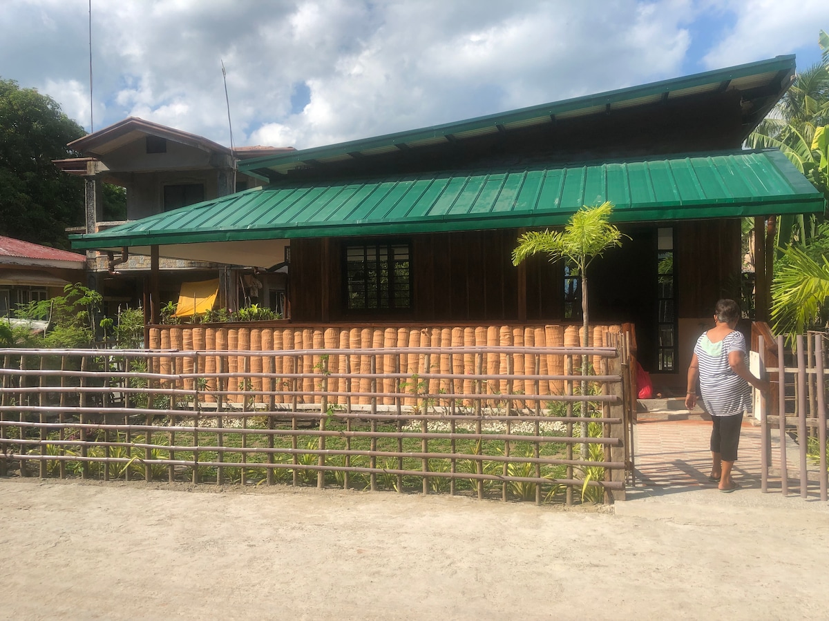 A charming wooden house features a green metal roof and a bamboo fence surrounding the landscaped yard. Lush plants are visible, enhancing the natural setting. A stone pathway leads to the entrance, where a person is seen approaching the house.