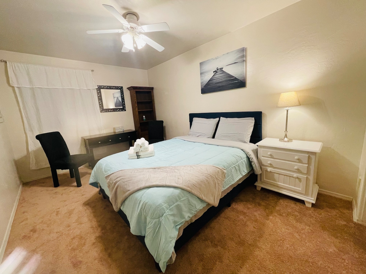 A spacious bedroom features a comfortable bed dressed in light blue bedding. A soft blanket is layered on top. A bedside table with a lamp and a dark chair accompany the bed, while a window is covered by a light curtain, allowing natural light to enter.