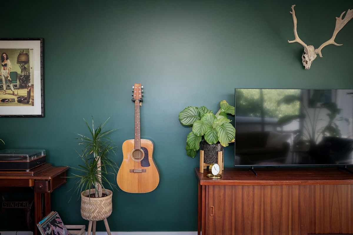 A living area features a dark green accent wall adorned with a guitar and decorative antlers. A television is positioned on a wooden cabinet, alongside a variety of indoor plants in stylish planters. A record player and framed art complement the cozy atmosphere.