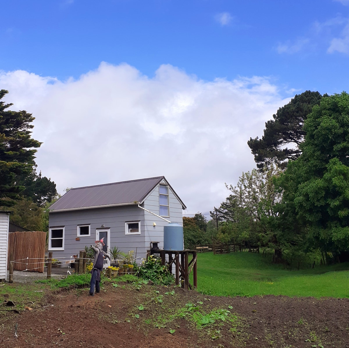 A cozy two-story cottage is viewed from the garden, featuring light grey siding and a sloped roof. Surrounding greenery includes trees and an open lawn area. A guest is seen standing near the garden, indicating a welcoming atmosphere for exploration.