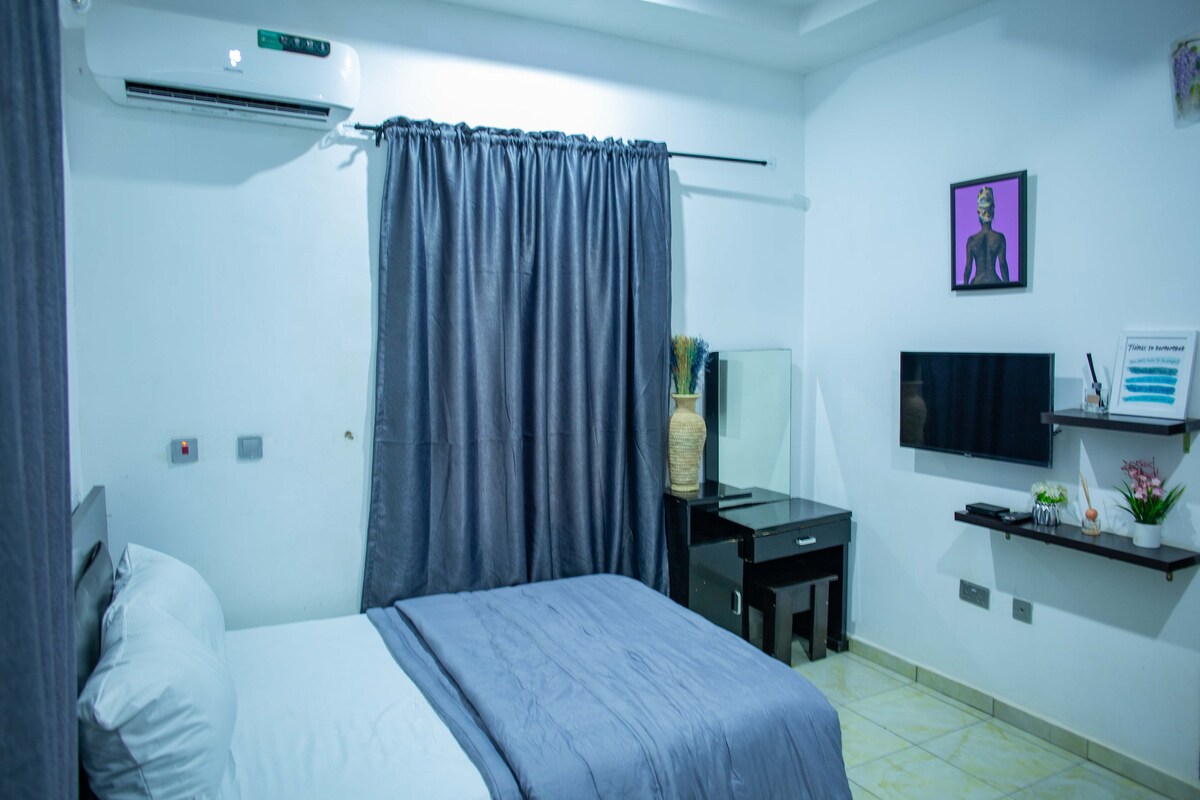 A serene bedroom is furnished with a spacious bed covered in a muted gray blanket. A sleek dresser and a wall-mounted television add functionality, while a piece of wall art adds a touch of personality. Soft curtains frame the window, enhancing the tranquil ambiance.