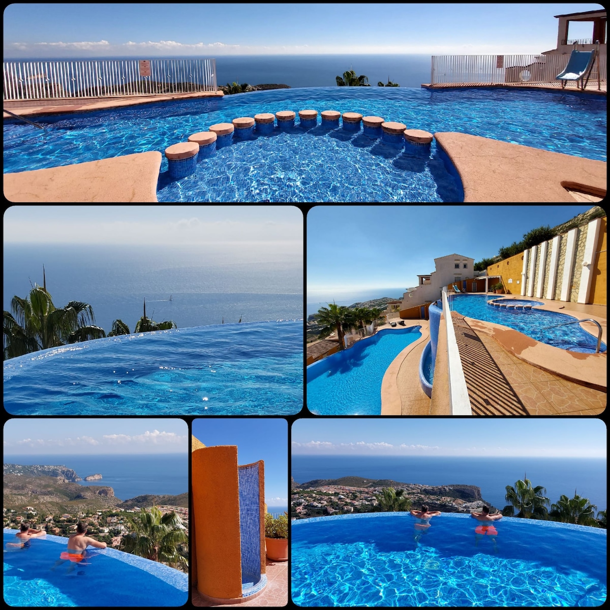 A stunning infinity pool overlooks the Mediterranean Sea, creating a seamless horizon. Sun loungers are positioned nearby, surrounded by lush greenery. The pool features a shallow area for children, enhancing its family-friendly appeal. The tranquil atmosphere is perfect for relaxation and enjoyment.