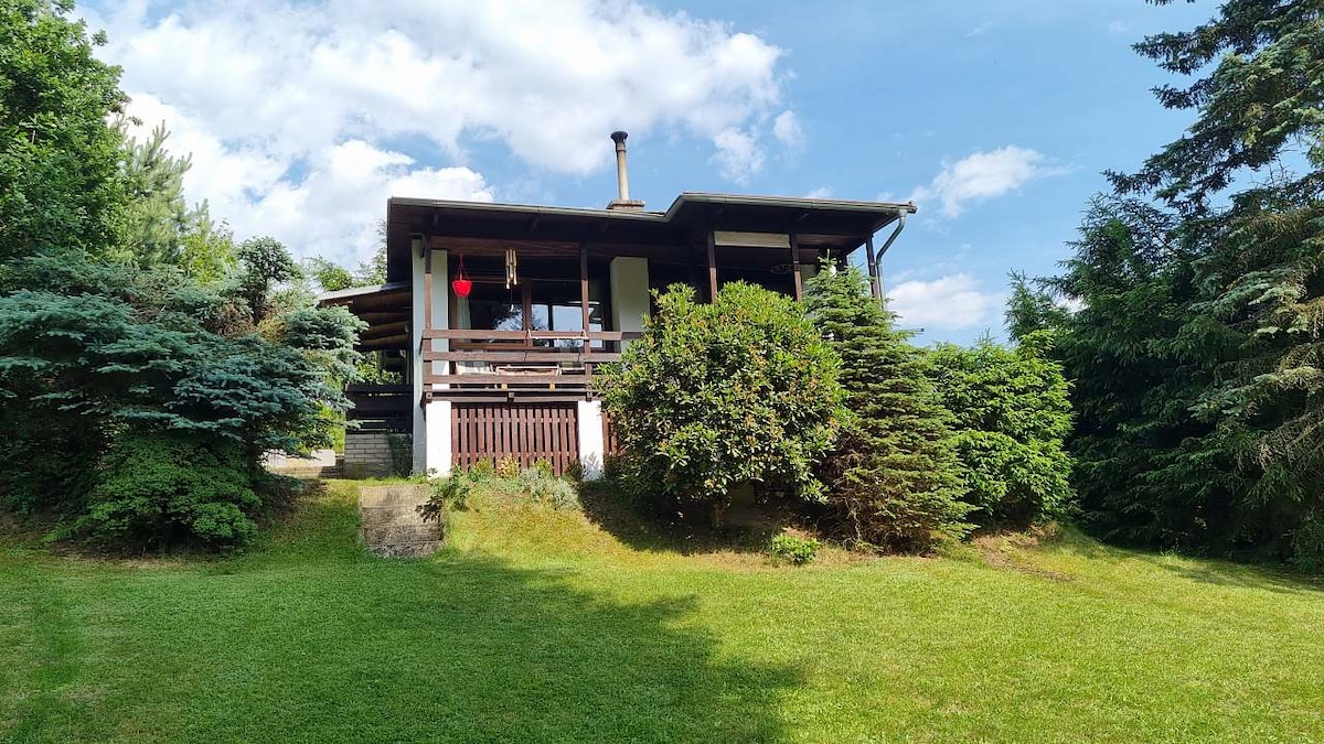 A wooden chalet is nestled amidst lush greenery, surrounded by various trees. The structure features a covered terrace with a view of the natural landscape. The grassy area in front adds to the serene setting, while soft clouds float in the blue sky above.