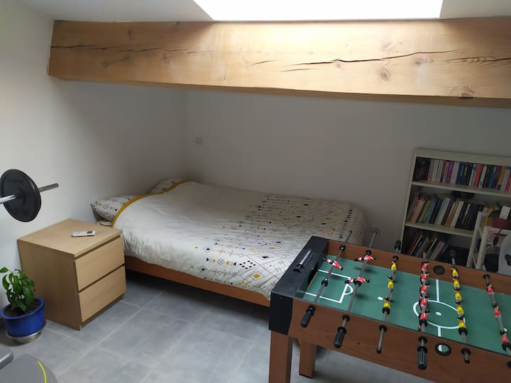 Chumba cha 2 cha kulala: kitanda cha watu wawili, vifaa vya mazoezi ya viungo (benchi la uzito, mkufunzi wa msalaba wa elliptical), mpira wa meza. Kiyoyozi