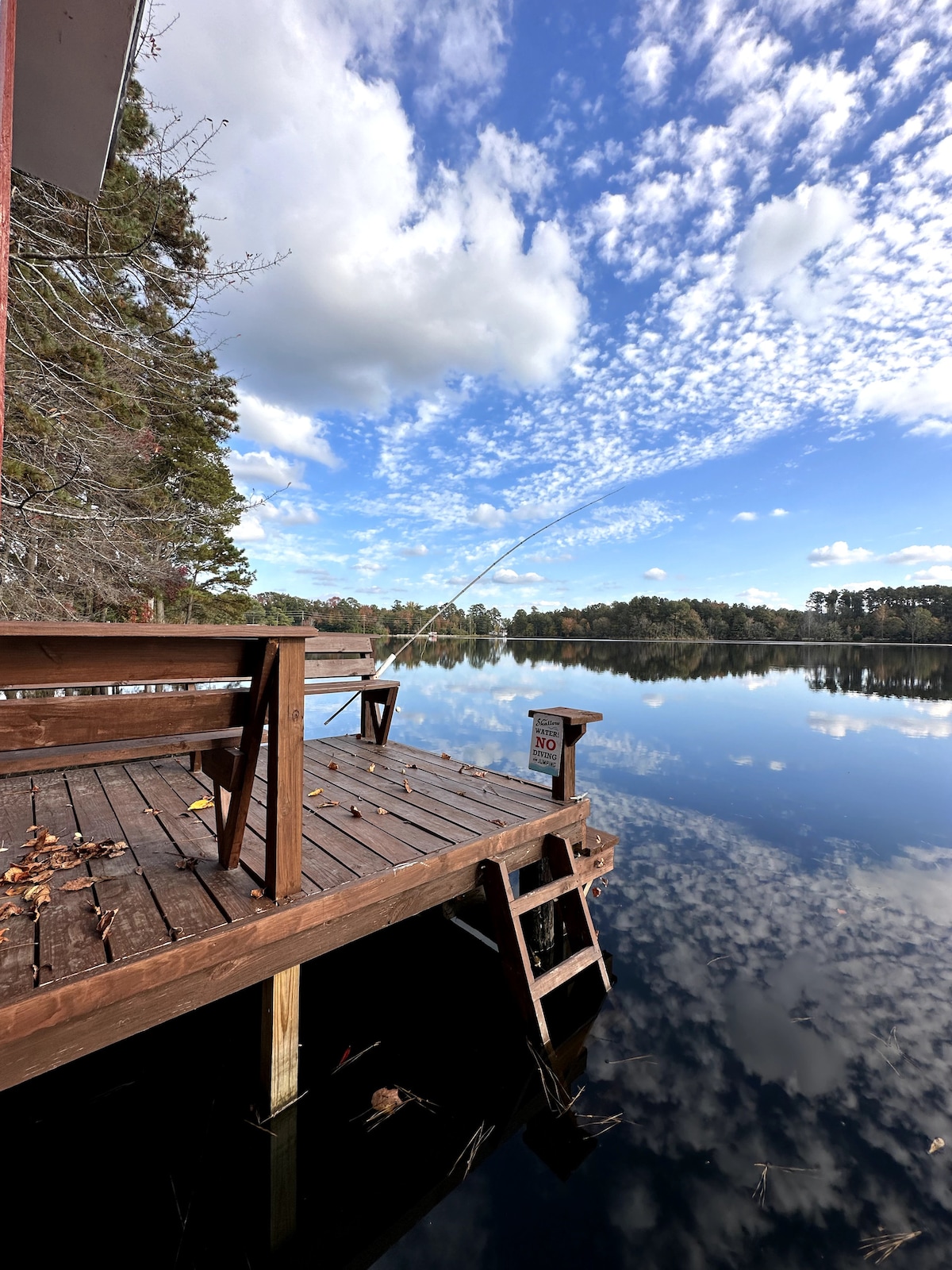 A private dock extends over calm waters, reflecting the blue sky and clouds. Wooden steps provide access to the water, while surrounding trees add a touch of nature. A fishing rod is placed at the edge, suggesting a peaceful fishing experience.