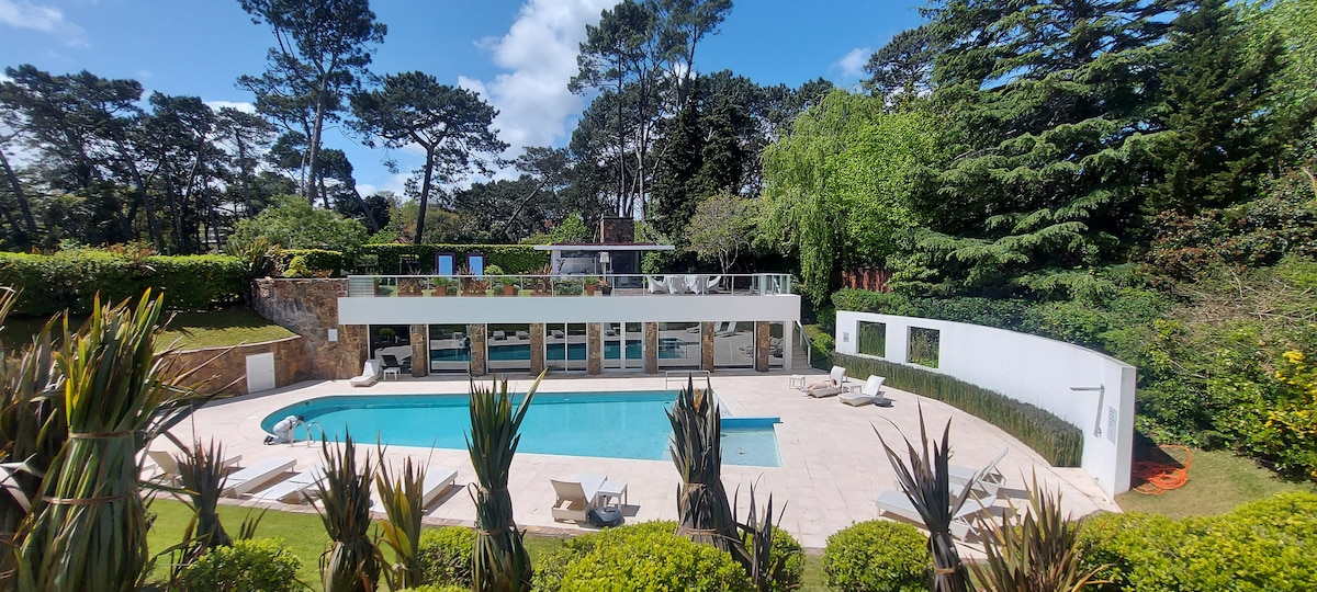 An outdoor pool area is surrounded by lush greenery and tall trees, offering a serene environment. The pool's clear water reflects the blue sky, while lounge chairs are positioned nearby. A white building with large windows complements the natural landscape.