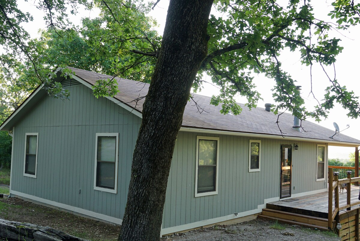 A single-story cabin with a light green exterior is shown. Large windows provide natural light, and a wooden deck extends toward a tree, offering shade and connection to the outdoors. The setting is peaceful, surrounded by greenery.
