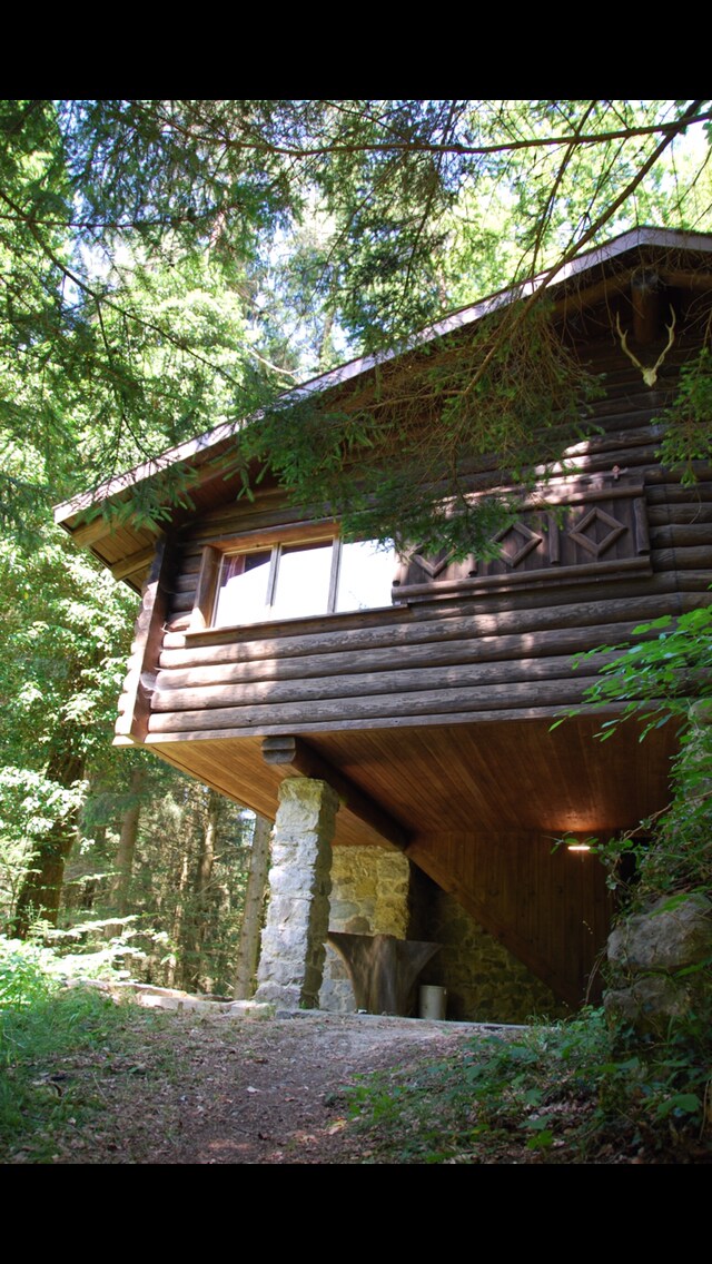 A wooden cabin is situated on a slight elevation, surrounded by lush greenery. The exterior showcases a mix of timber and stone, with large windows offering natural light. A rustic path leads to the entrance, creating a connection to the serene forest environment.