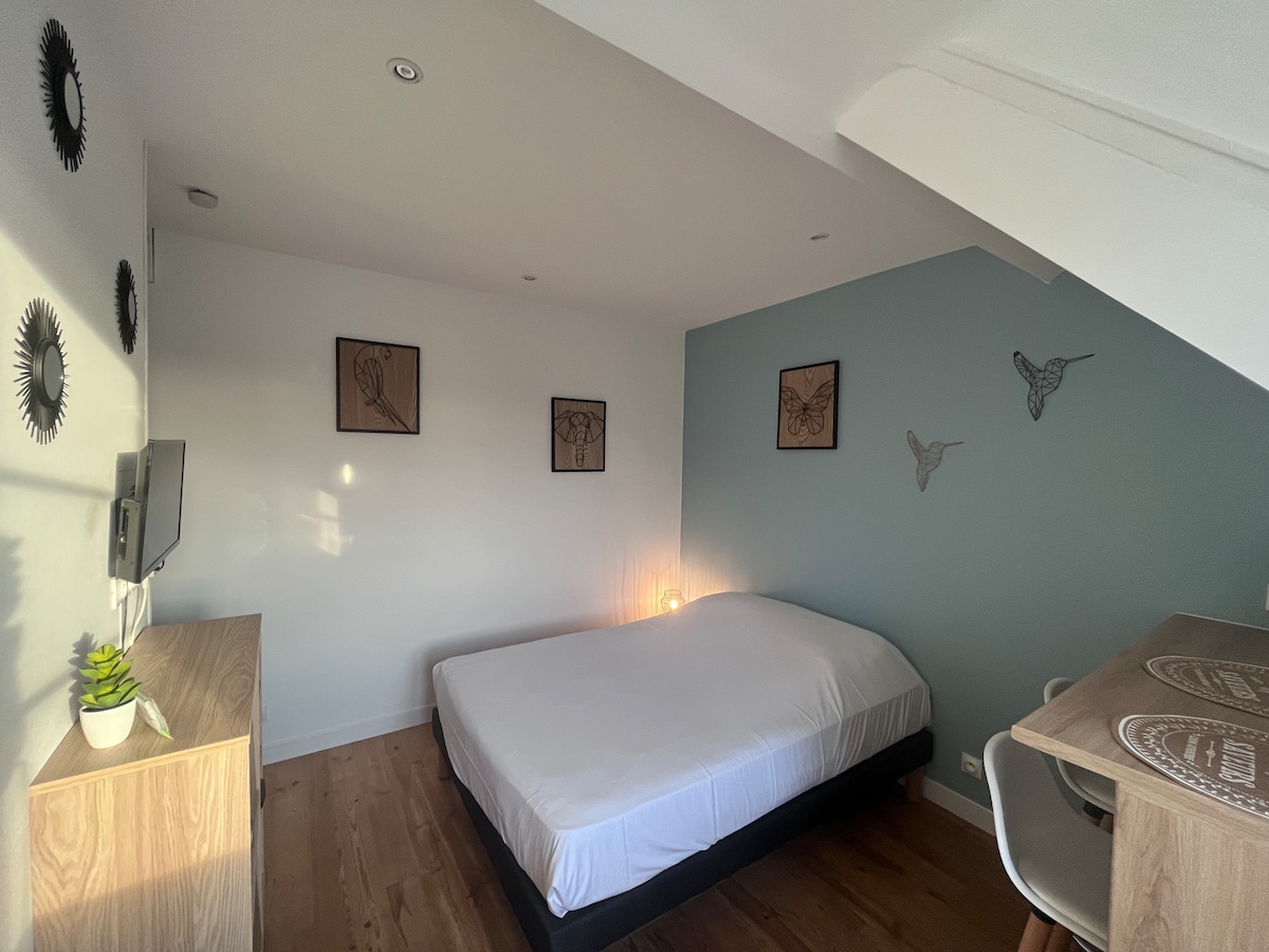A serene studio room features a spacious bed positioned against a light-colored wall, accompanied by framed artwork. A wooden dresser and a small table are present, and a television is mounted on the wall. Natural light fills the space, highlighting the wooden floor.