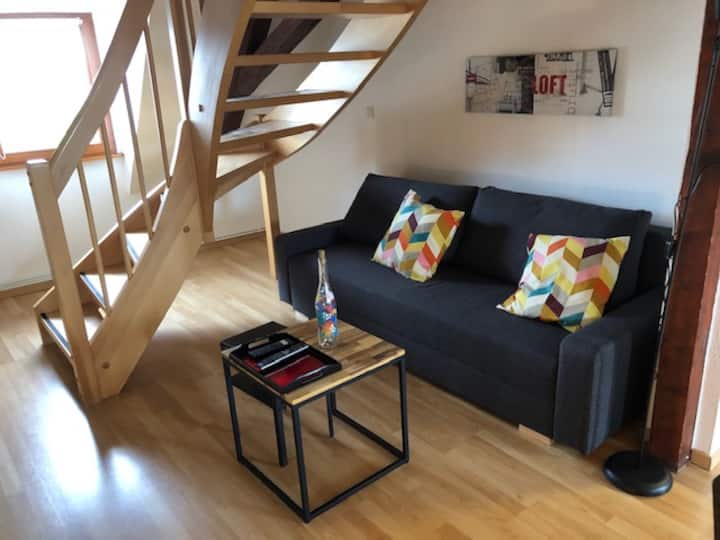 客厅配有沙发床，楼上有电视区
