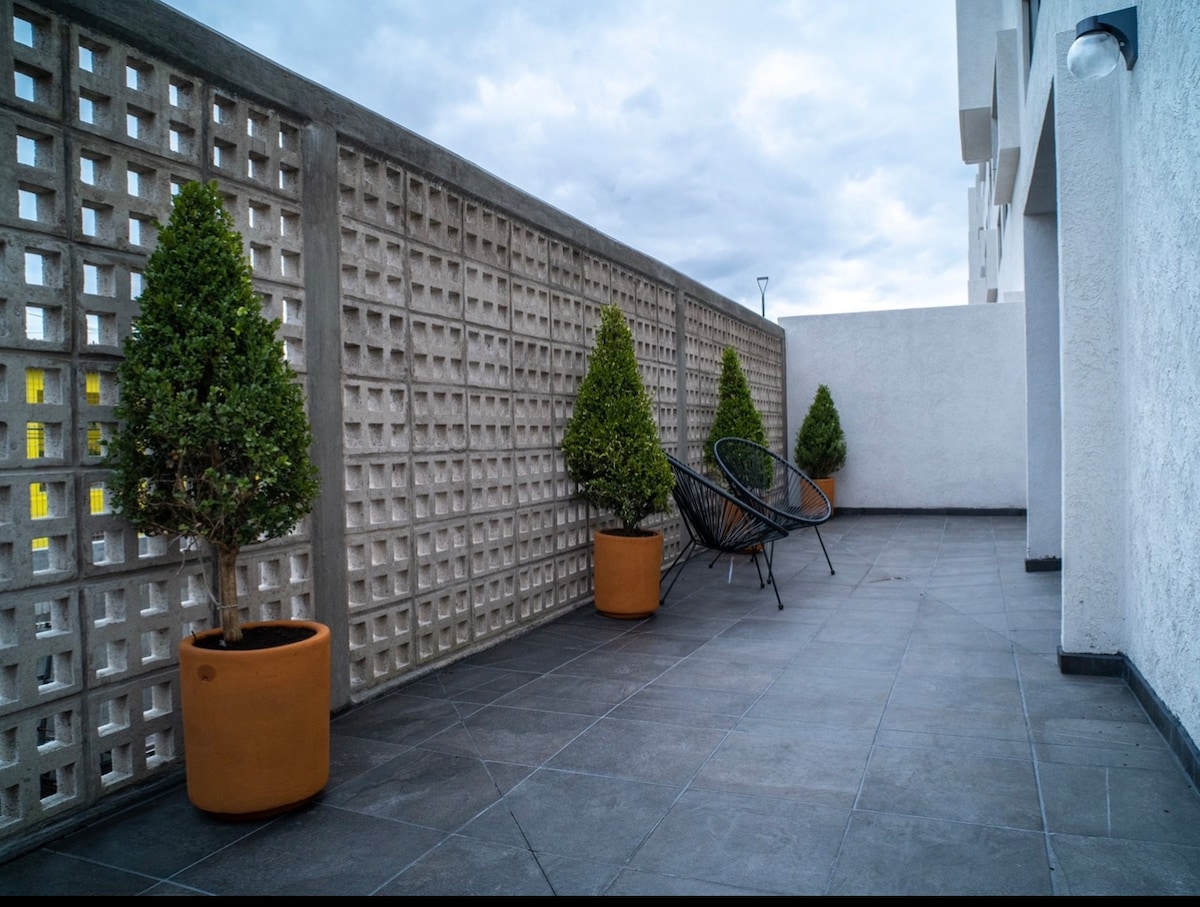 A spacious terrace is presented, featuring a textured concrete wall with decorative cutouts. Two neatly shaped green shrubs are positioned in terracotta pots, accompanied by a black chair designed for relaxation. The surface is tiled with dark flooring, enhancing the open outdoor atmosphere.