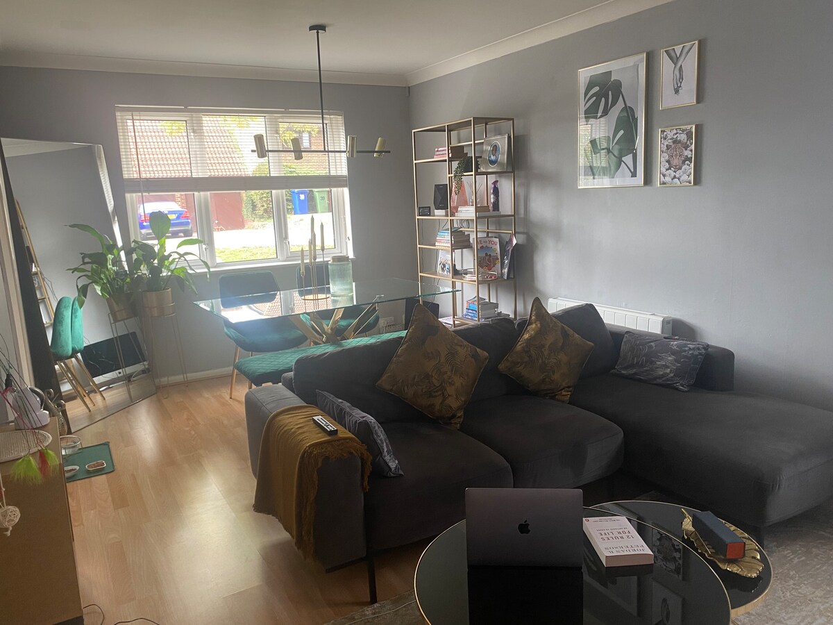 A modern living space features a sectional gray sofa with accent pillows, positioned near a glass coffee table. A dining area with a glass table and green chairs is visible in the background, complemented by natural light from multiple windows. Decorative plants add a fresh touch.