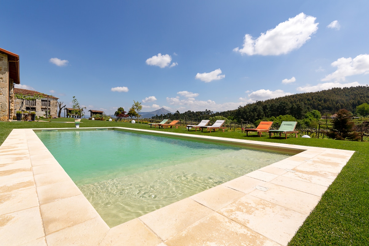 A tranquil outdoor pool is surrounded by a spacious lawn, showcasing a light green water surface. Lounge chairs in various colors are positioned around the pool, with rolling hills and a clear blue sky in the background.