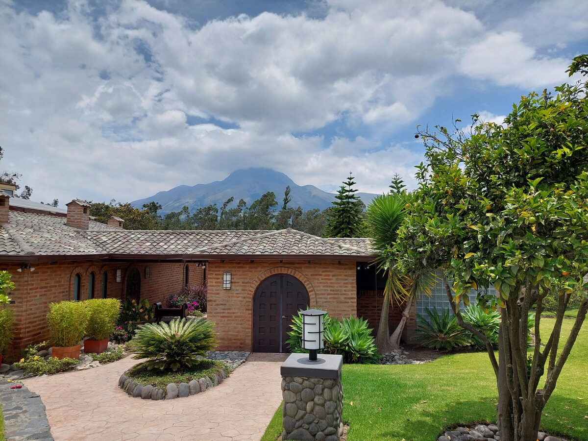 A spacious entrance leads to a brick house with a tiled roof, surrounded by well-maintained gardens. Lush greenery and ornamental plants frame the path, while a mountain is visible in the distance against a partly cloudy sky.