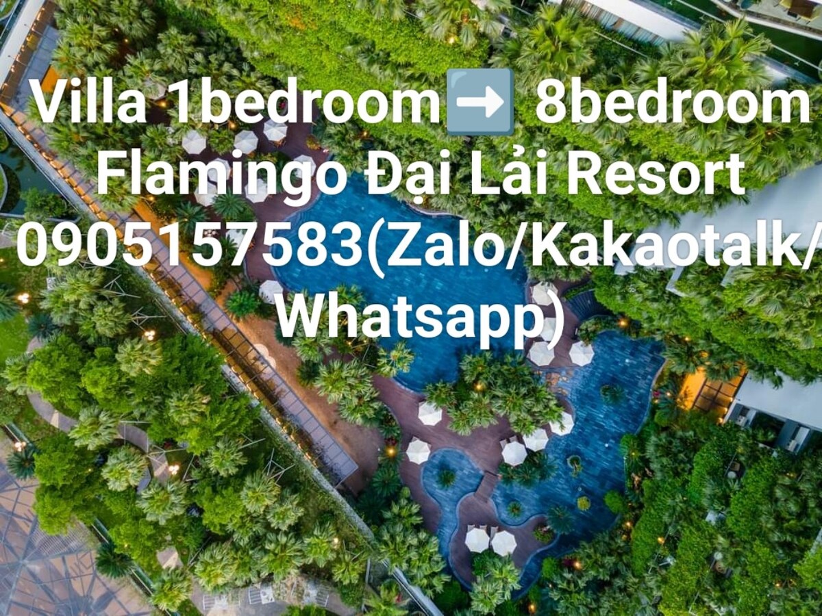 An aerial view showcases a vibrant landscape surrounding the villa, featuring lush greenery and multiple pool areas. Lounge chairs are neatly arranged by the water, and pathways meander through the tropical setting, creating a serene recreational environment.
