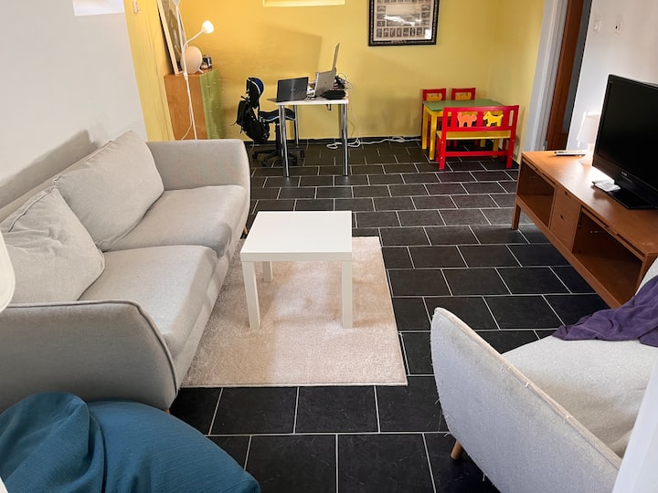 Sebule katika chumba cha chini. Televisheni, kochi, kituo cha kazi, meza ya ping pong.