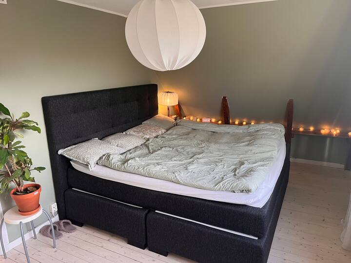 Chumba kikuu cha kulala chenye kitanda mara mbili cha mita 2.10 na kitanda kimoja cha sentimita 80 karibu.