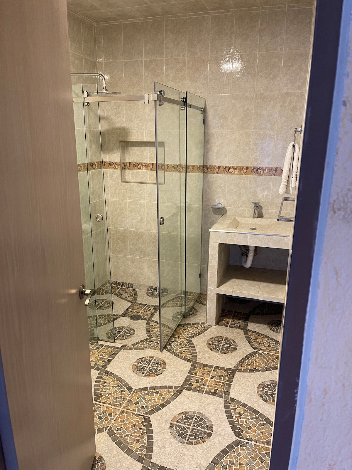 A modern bathroom is shown with glass shower enclosures on either side. The tiled floor features an intricate patterned design, and a minimalist sink is situated against the wall. Natural light illuminates the space from above.