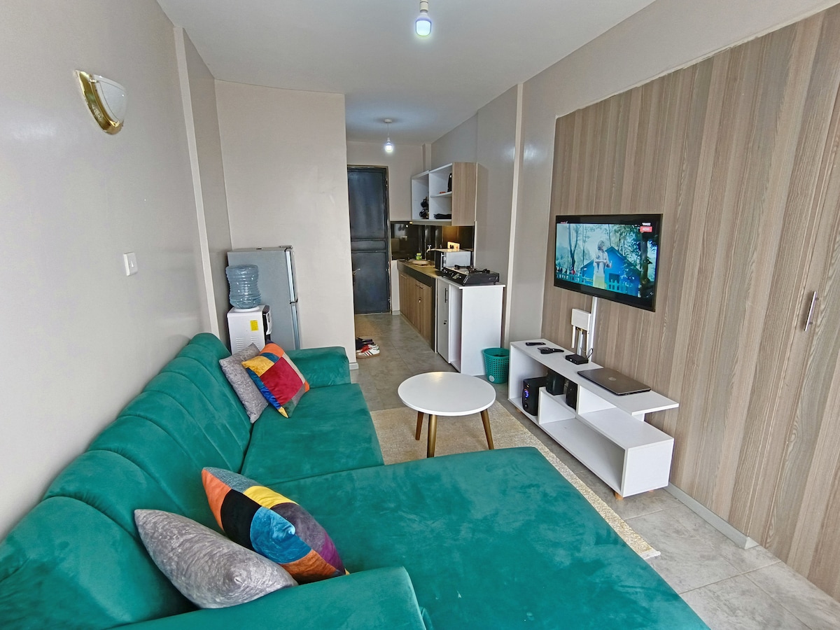 The living area features a plush green sofa adorned with colorful pillows, accompanied by a small round coffee table. A modern kitchen area with light wood cabinetry is visible in the background, while a flat-screen TV is mounted on the wall, providing a space for relaxation.