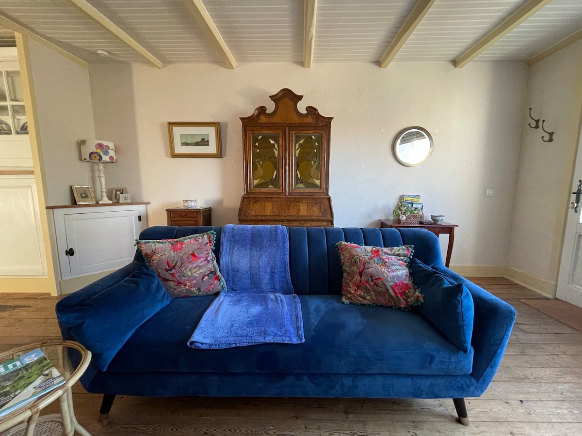 A vibrant blue sofa is positioned in the living area, accented with patterned cushions. A light wooden coffee table is visible in front, while a vintage wooden cabinet and wall mirror enhance the space's charm. Natural light streams in from the nearby entrance.