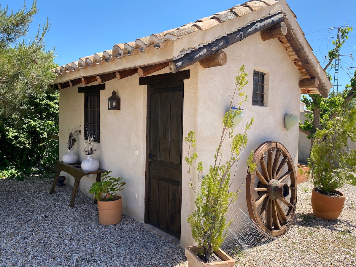 A charming cabin is depicted with a rustic exterior, featuring a textured, beige facade and a traditional wooden door. Potted greenery and a vintage wagon wheel are placed outside. The roof is accented by terracotta tiles, contributing to a serene and natural setting.