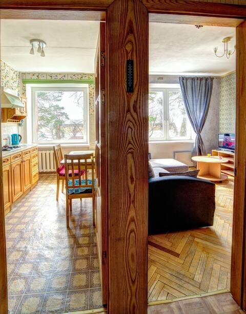 A view from a doorway showcases a combined living and dining area. Light streams through large windows dressed in elegant curtains, illuminating wooden cabinetry in the kitchen and a dining table with four chairs. A cozy seating arrangement with a dark couch and a TV is visible.
