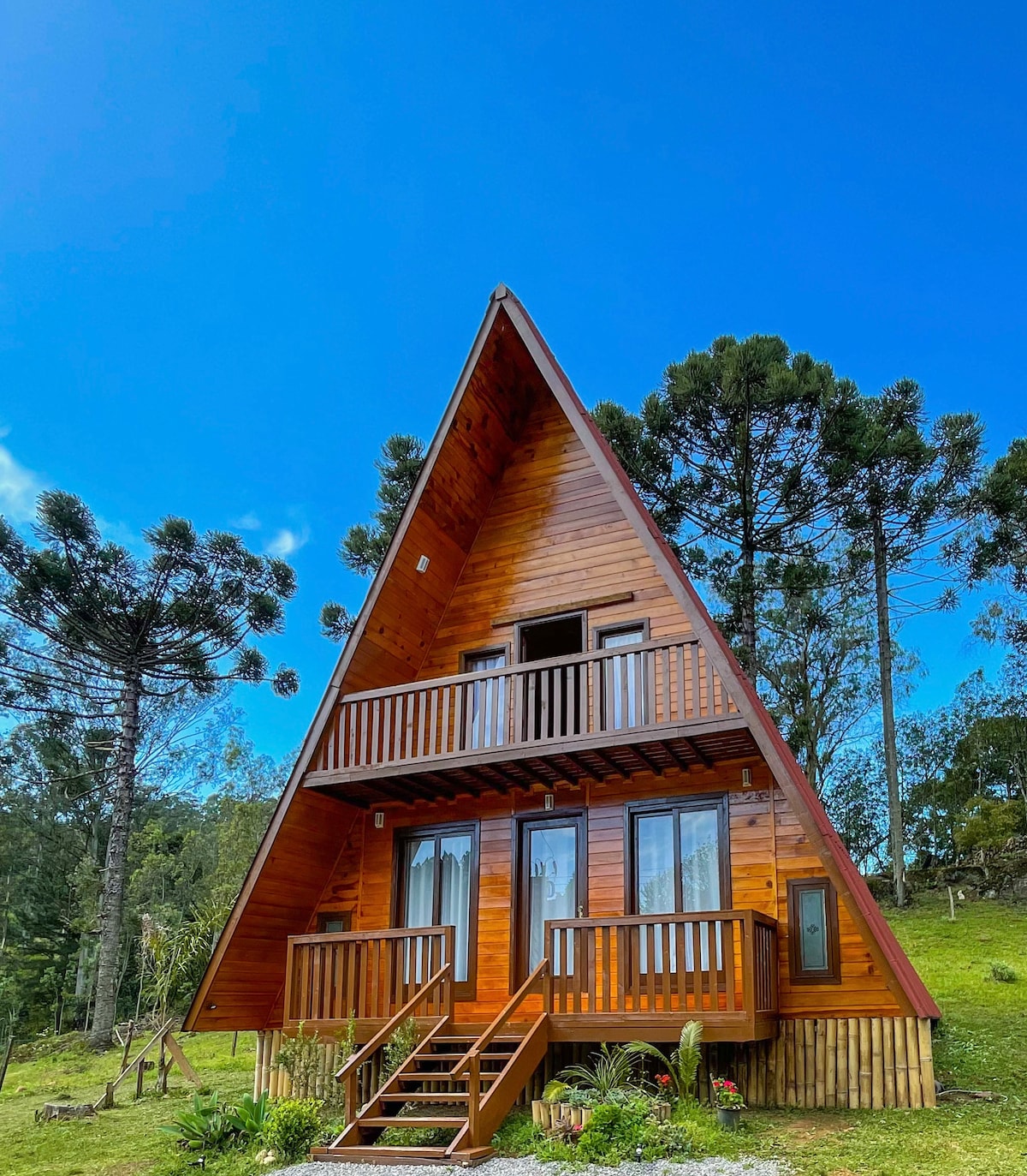 A triangular wooden cabin is surrounded by greenery and tall trees, featuring two upper balconies. Large windows provide natural light, while a staircase leads to the entrance. The cabin’s warm wood tones create a welcoming impression against the vibrant blue sky.