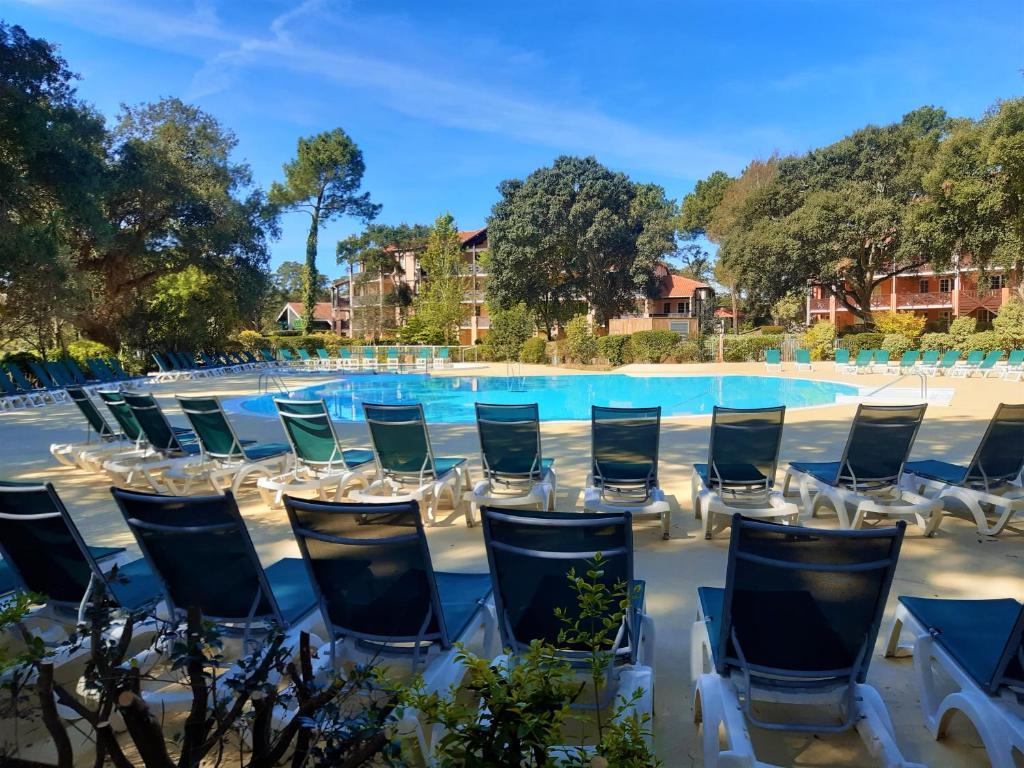 An inviting outdoor pool area is surrounded by lounge chairs arranged neatly on a sunny deck. Lush greenery frames the backdrop, enhancing the serene atmosphere, with clear blue skies reflected in the water. The setting creates a restful space for relaxation.