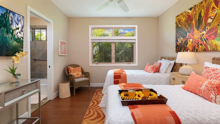 Primary suite #3 with Private ensuite and HD TV, Two TwinXL beds or they can be combined as King with gel topper