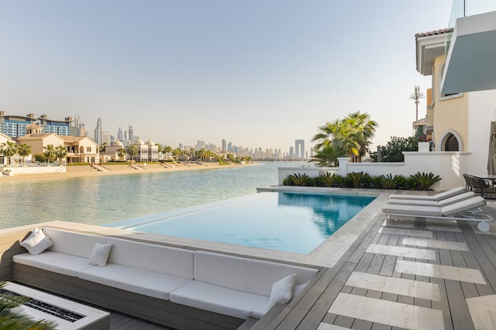 Luxury Neon Night Elegant Model in Frosty White Diamonds at Dubai Infinity  Pool