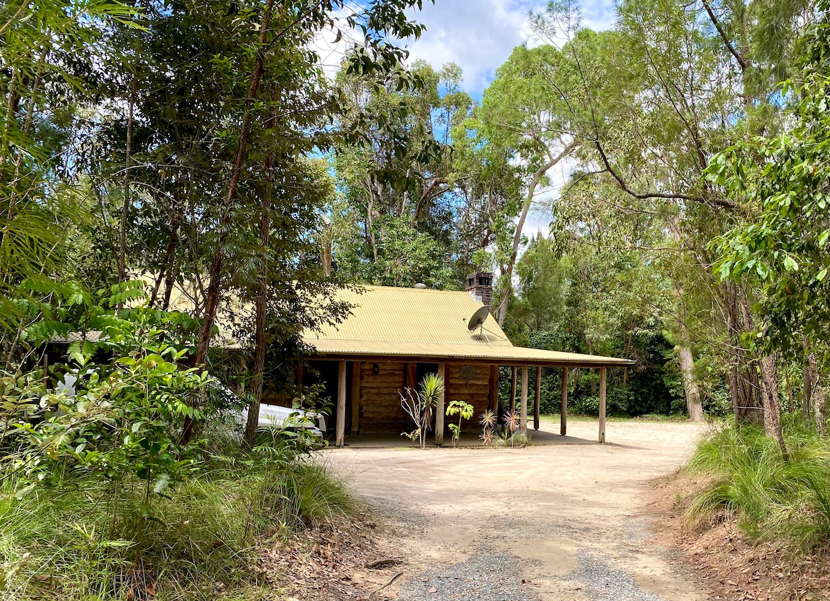 A rustic log cabin is situated amidst lush greenery, featuring a sloping roof and a wide porch that extends across the front. Surrounding plants contribute to the natural setting, and trees provide a serene backdrop, ensuring a tranquil environment.