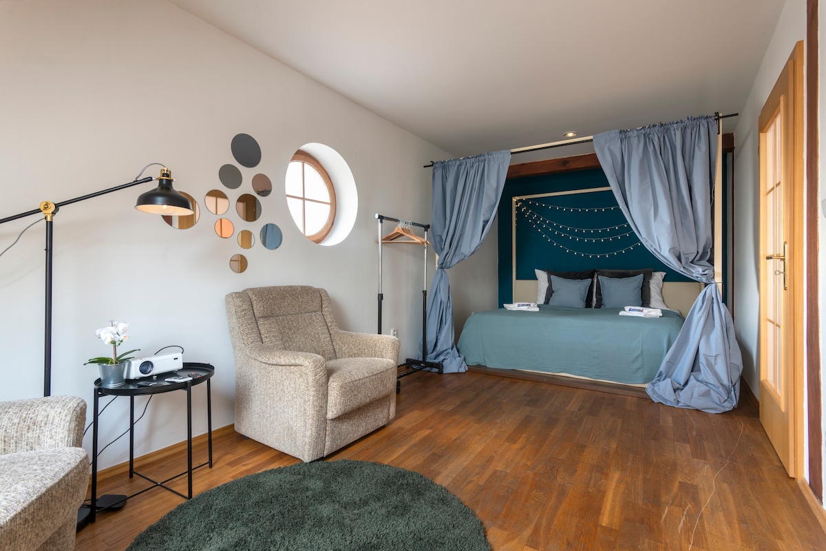 A cozy bedroom features a spacious bed framed by soft curtains, complemented by decorative wall mirrors. A comfortable armchair is positioned nearby, alongside a small projector for visual entertainment. Natural light enters through a round window, highlighting the warm wooden flooring.