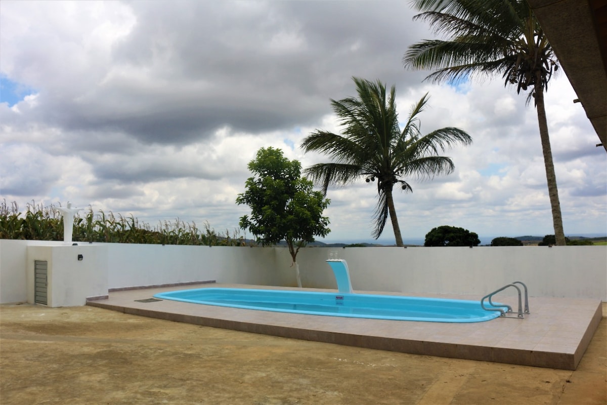 A serene outdoor space features a swimming pool with a gentle fountain and clear blue water. Lush greenery is present, with palm trees swaying in the breeze. A smooth, spacious area surrounds the pool, offering a calming environment complemented by a distant scenic view.
