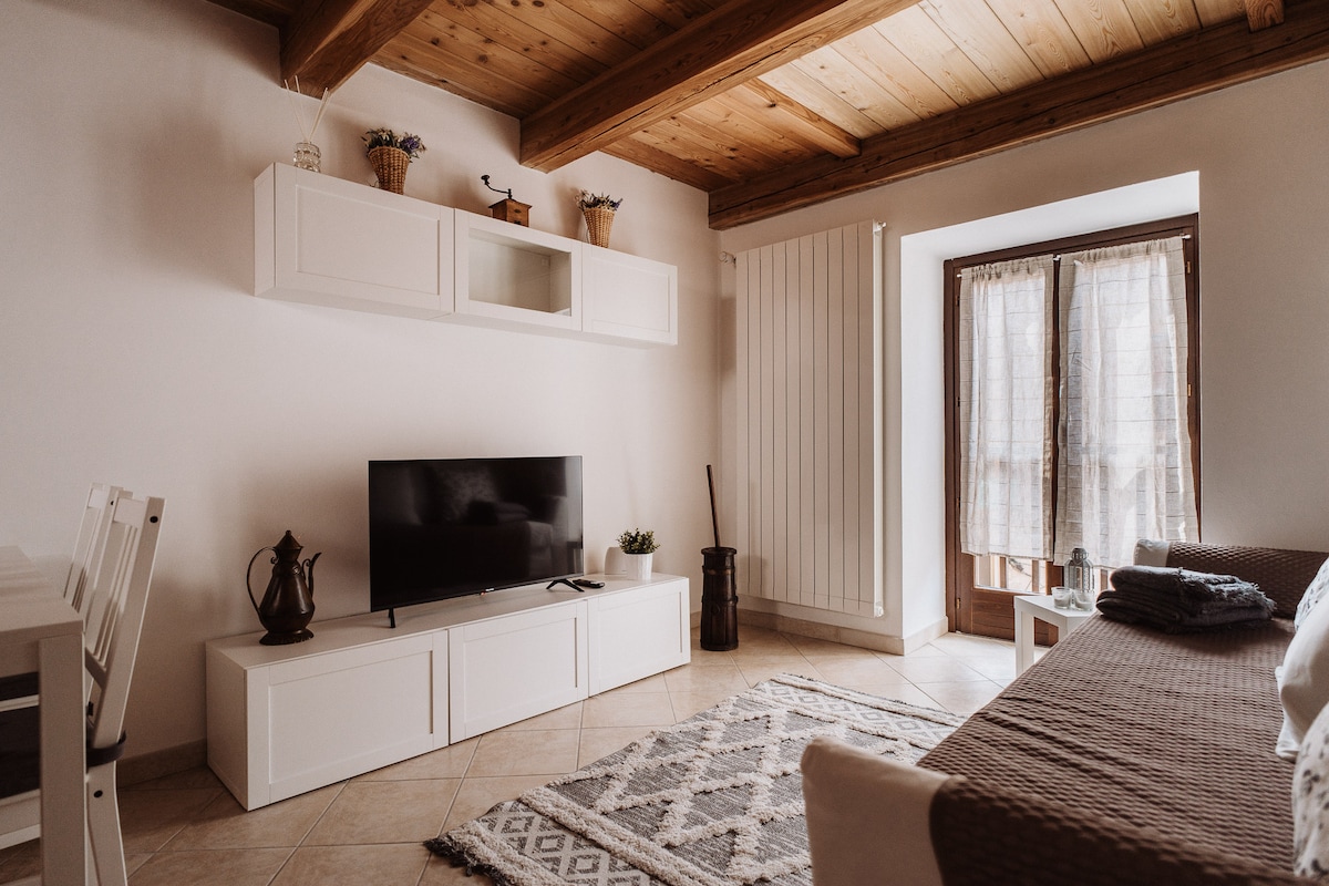 A spacious living area features a neutral color palette with wooden beams overhead. A flat-screen TV is positioned on a modern white media unit. Natural light fills the room through the window, partially covered by sheer curtains, while decorative plants are arranged on shelves.