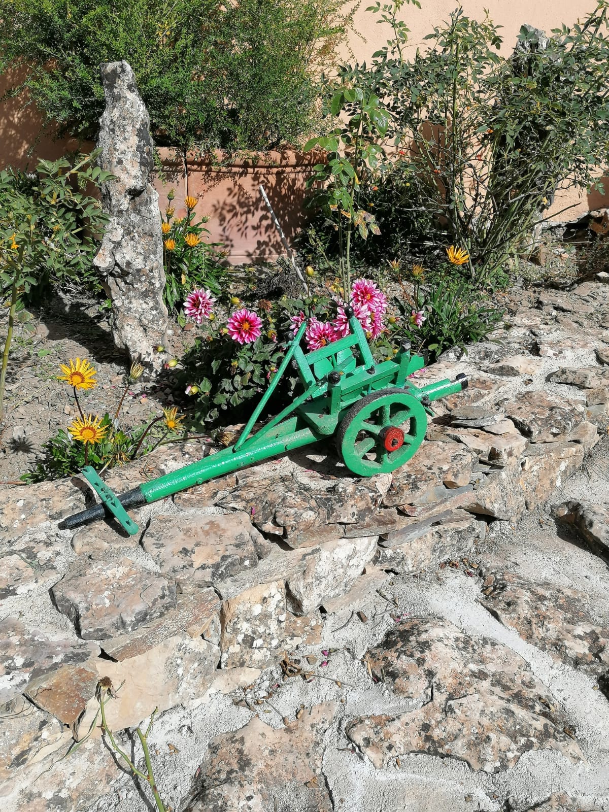 A vintage green gardening tool rests on a stone surface, surrounded by colorful flowers, including pink and yellow blooms. Lush greenery is visible in the background, adding natural elements to the scene.