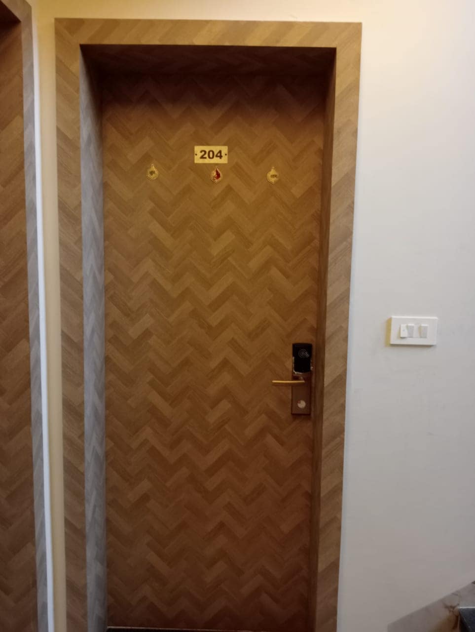 A beautifully crafted wooden door features a chevron pattern, marked with the number 204. A modern locking mechanism is visible, and a small sign indicates the apartment number, blending seamlessly with the minimalist corridor design.