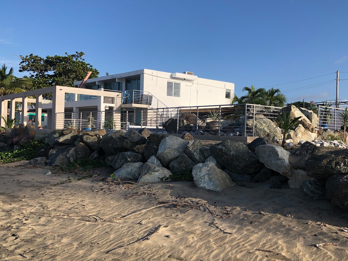 An oceanfront property is visible, featuring a modern exterior with multiple levels. Lush greenery and rocks are positioned in the foreground, while the sandy beach leads up to the building. Clear blue sky above complements the inviting beach setting.