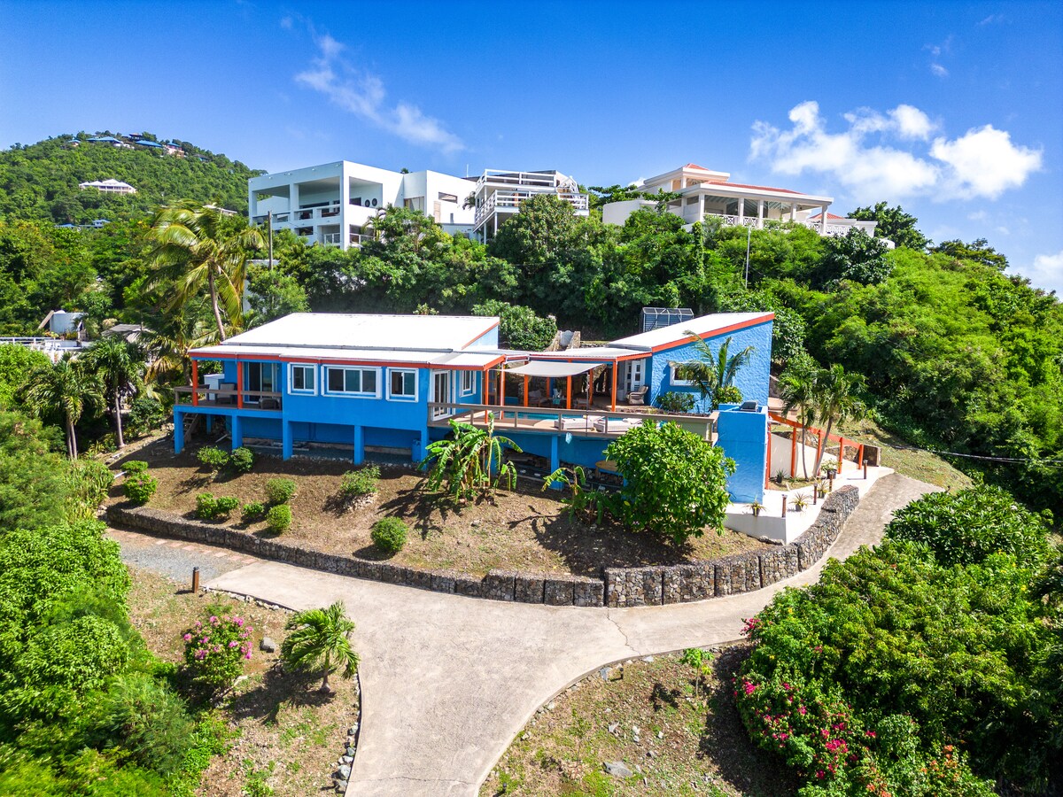 The villa is set on a hillside, surrounded by lush greenery and colorful landscaping. Its vibrant blue exterior contrasts with the natural surroundings. The pathway leads up to the entrance, while neighboring structures are visible in the background against a clear blue sky.