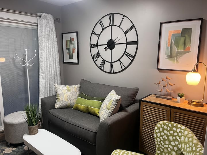 The third bedroom has a single pull-out sofa. There are sliding doors to the two-level private back yard. Enjoy the gardens, relaxing, grilling, outdoor games, dining, and a fire pit.