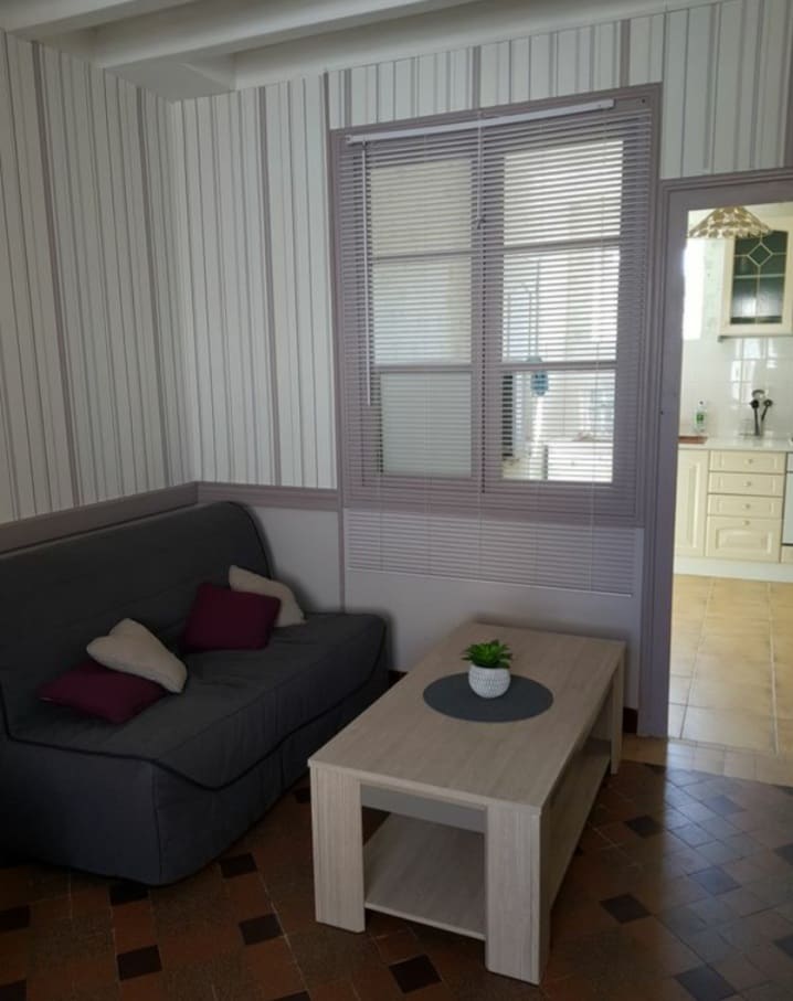 A comfortable seating area features a dark gray convertible sofa with decorative pillows. A light wooden coffee table sits in front, accented by a small potted plant. Light enters through a nearby window adorned with white blinds, enhancing the room's bright atmosphere.
